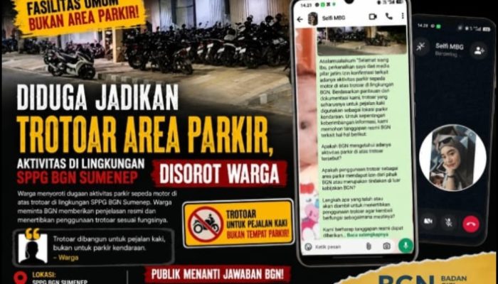 Trotoar Dicaplok Jadi Parkiran, Pengelola MBG Sumenep Bungkam Saat Dikonfirmasi